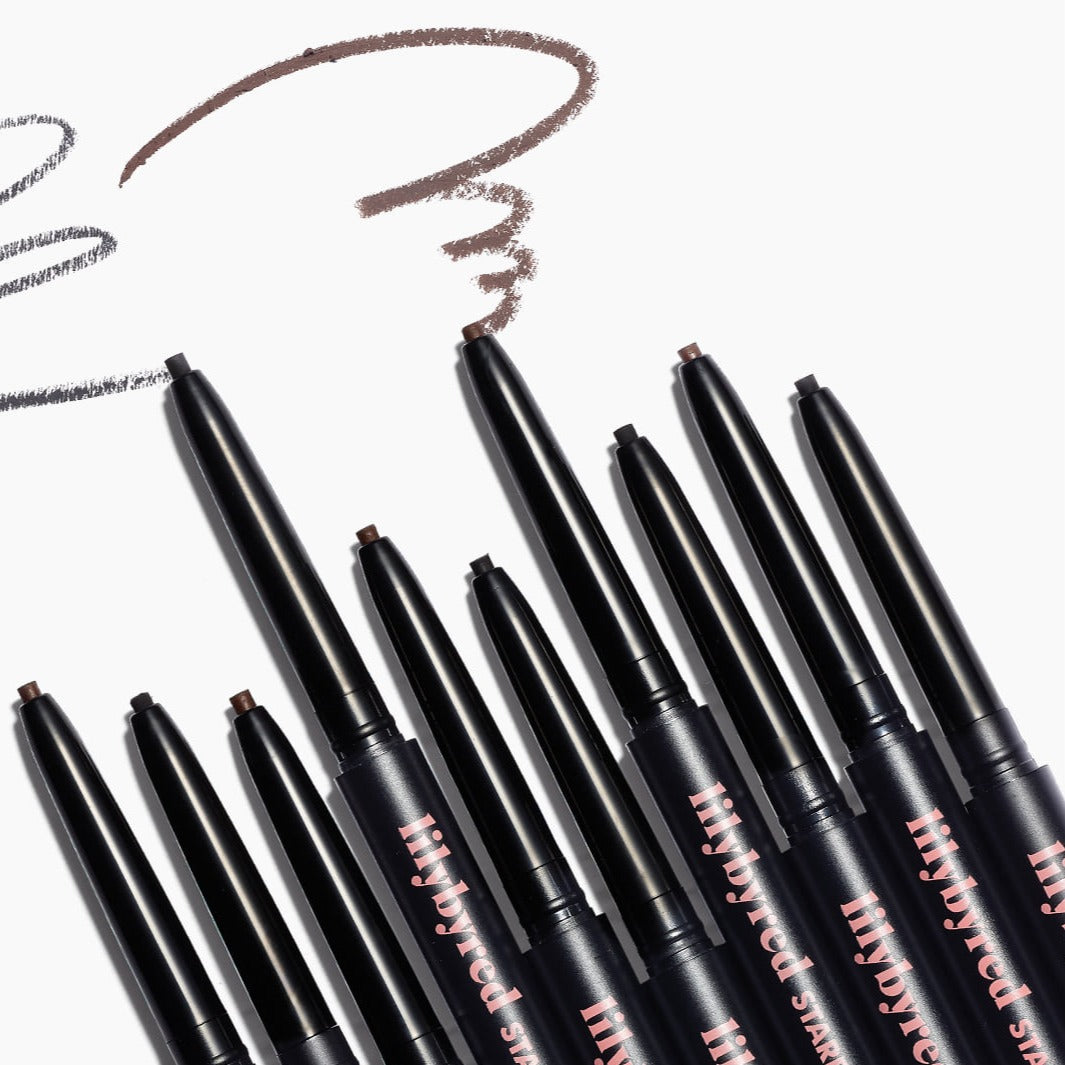LILYBYRED Starry Eyes 9 to 9 Slim Gel Eyeliner displayed with sample strokes on a white background.