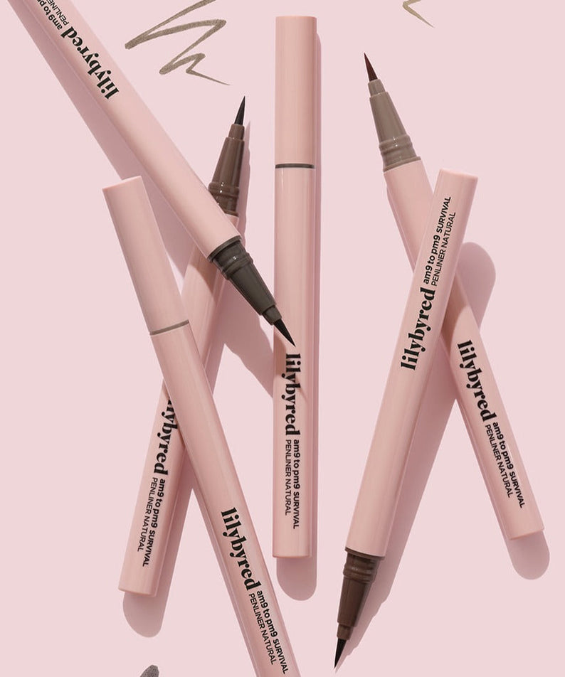 LILYBYRED am9 to pm9 Survival Penliner Natural shown in elegant pink design with precision tips on a pastel background.