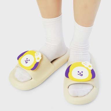 LINE FRIENDS BT21 On The Cloud Edition Slippers with cute character design, worn with white socks.