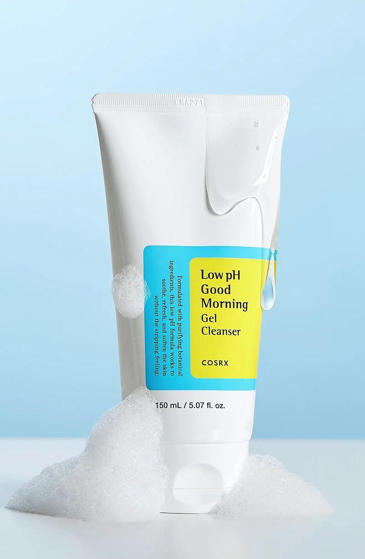 Low pH Good Morning Gel Cleanser by COSRX with bubbles, 150ml, on blue background, skincare product display.