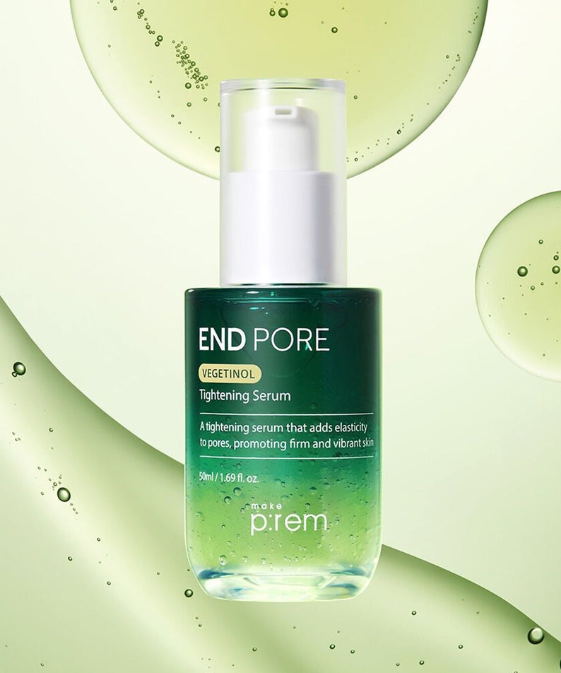 MAKE P:REM Endpore Vegetinol Tightening Serum 50ml on a green background, emphasizing firming and skin elasticity properties