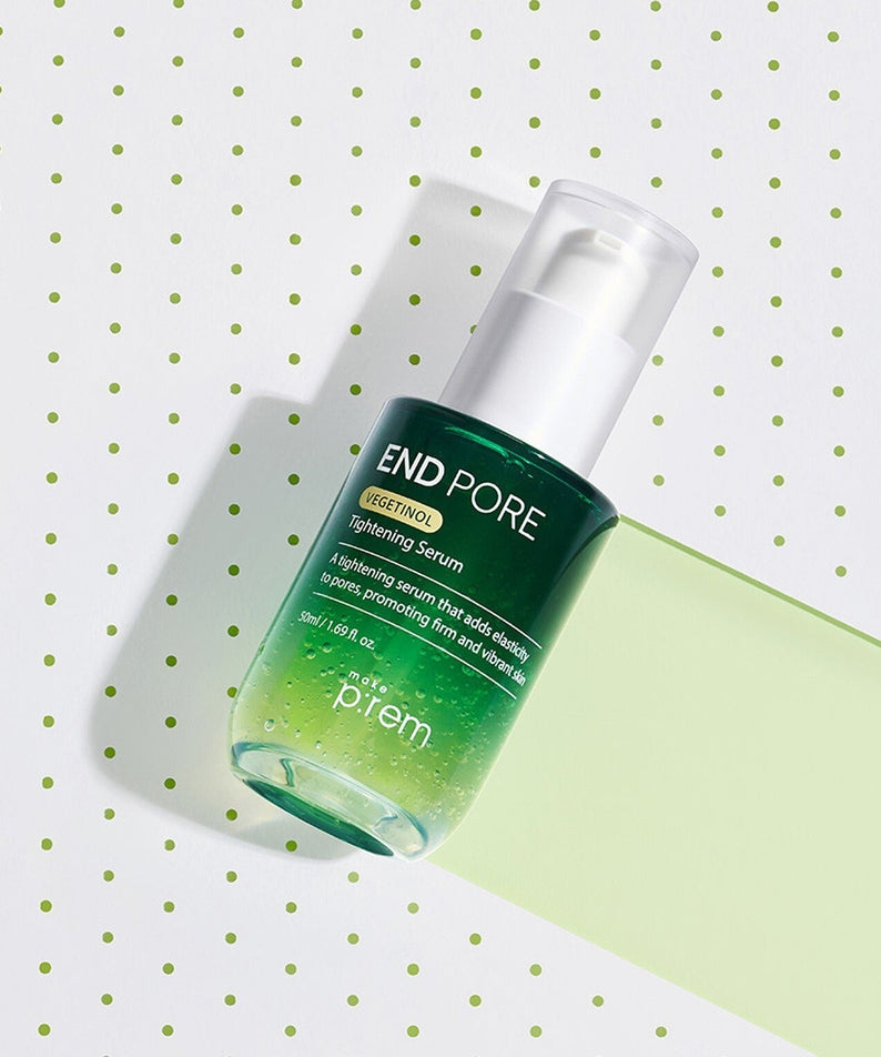 MAKE P:REM Endpore Vegetinol Tightening Serum 50ml on a polka dot background.