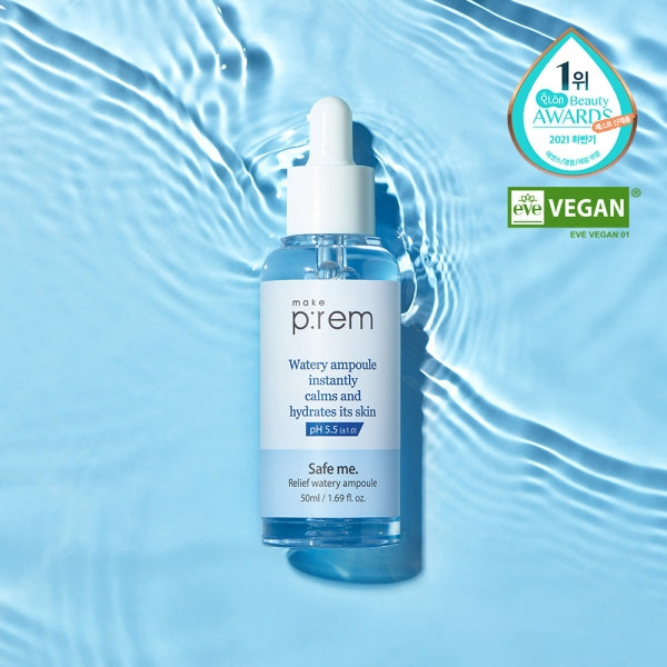 MAKE P:REM Safe Me Relief Watery Ampoule 50ml bottle with text and awards displayed against a watery background.