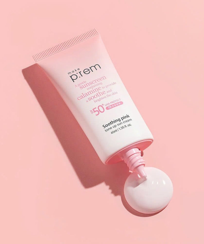 MAKE P:REM Soothing Pink Tone-Up Sunscreen SPF 50+ PA++++ 50ml on pink background