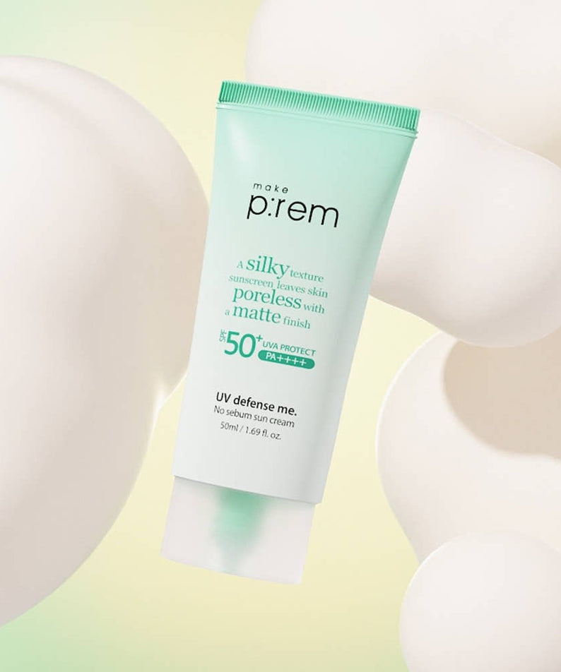 MAKE P:REM UV Defense Me No-Sebum Sunscreen 50ml tube on abstract background