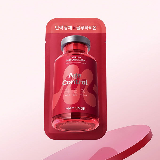 MAMONDE Age Control Camellia Ampoule Mask Pack product image with red packaging on a pink background
