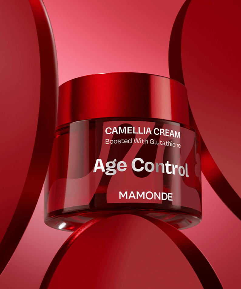 MAMONDE Age Control Camellia Cream 50ml jar with red background showcasing skincare packaging design.
