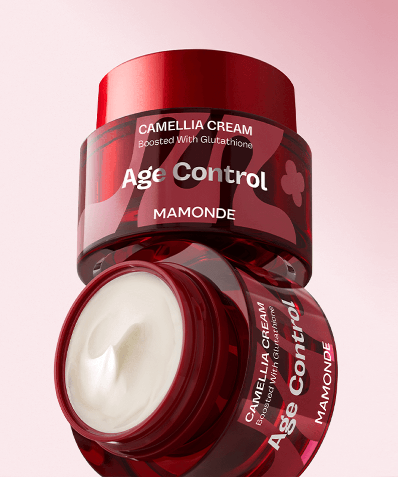 MAMONDE Age Control Camellia Cream 50ml in a vibrant red jar, showcasing luxurious anti-aging skincare product for youthful skin enhancement.