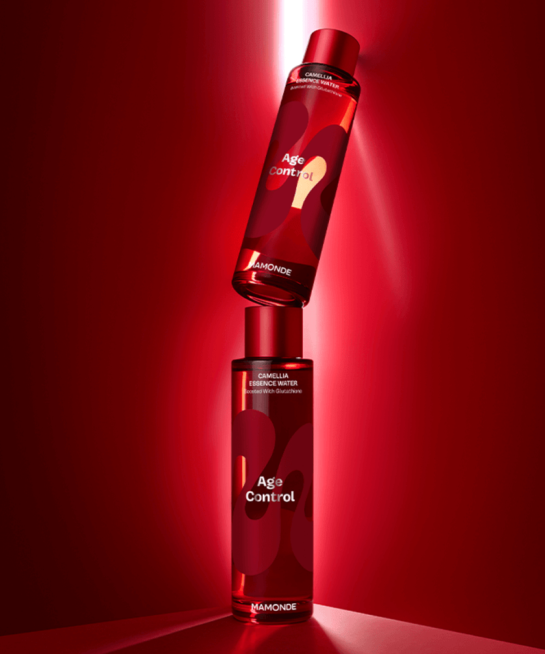 MAMONDE Age Control Camellia Essence Water 150ml product display with vibrant red packaging and sleek design.