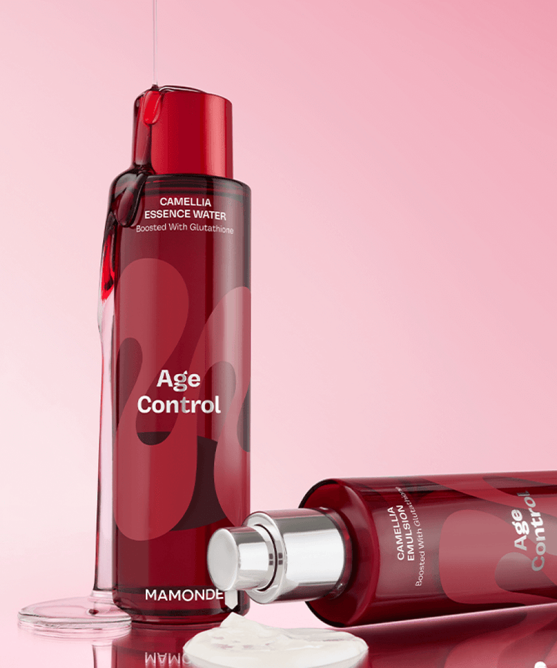 MAMONDE Age Control Camellia Essence Water 150ml bottle on pink background