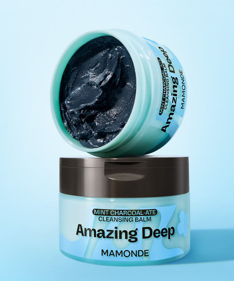 MAMONDE Amazing Deep Mint Chocolate Cleansing Balm 90ml open container displaying dark balm texture on light blue background.
