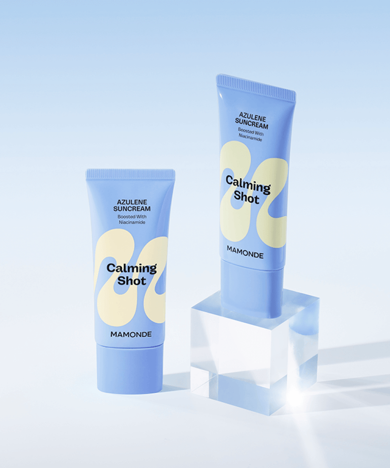 MAMONDE Calming Shot Azulene Sun Cream SPF50+PA++++ 35ml tubes displayed on a blue background