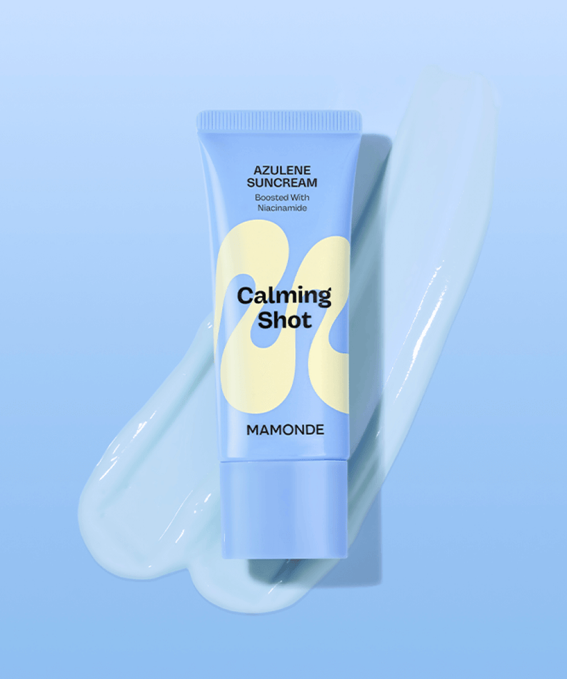 MAMONDE Calming Shot Azulene Sun Cream SPF50+PA++++ 35ml in blue packaging on soft background