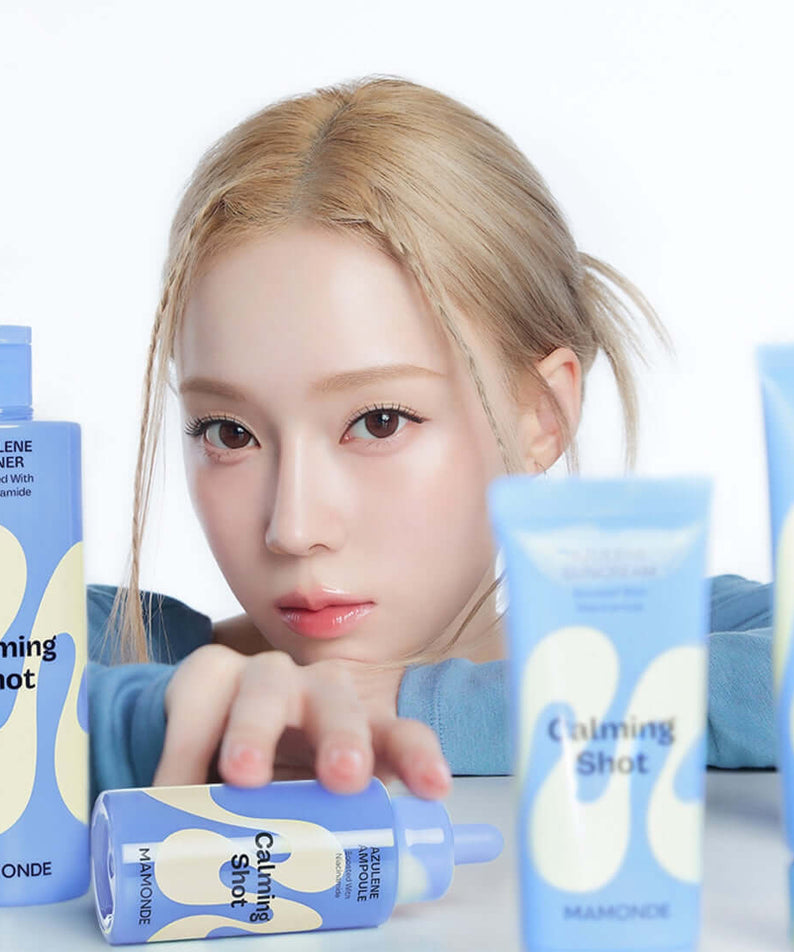 MAMONDE Calming Shot Azulene Toner 300ml with model showcasing calming skincare benefits.
