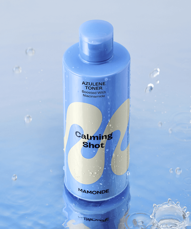 MAMONDE Calming Shot Azulene Toner 300ml bottle in water showcasing soothing properties and vibrant packaging.