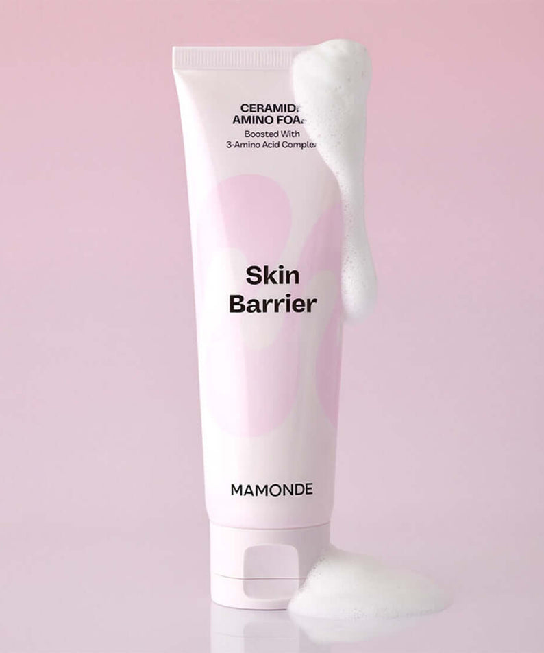 MAMONDE Ceramide Amino Foam 120g for enhanced skin barrier protection with 3-amino acid complex, pink tube packaging.