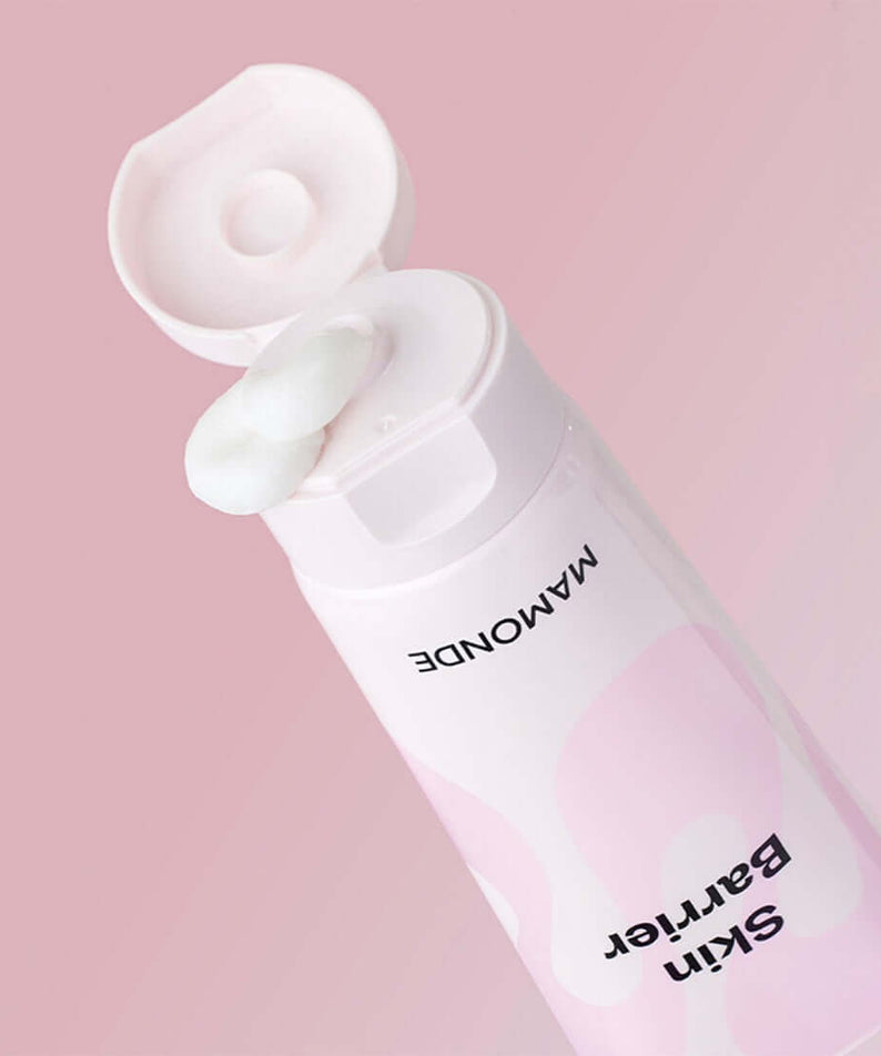 MAMONDE Ceramide Amino Foam 120g with open cap on pink background