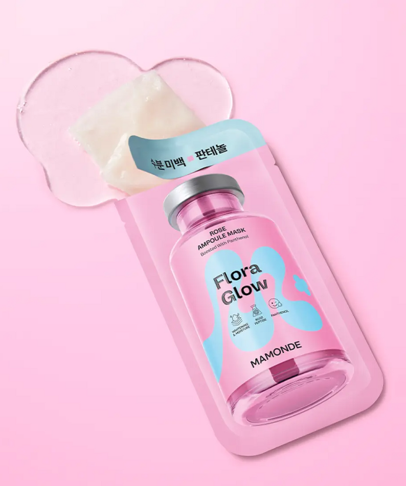 MAMONDE Flora Glow Rose Ampoule Mask Pack on pink background showcasing skincare benefits
