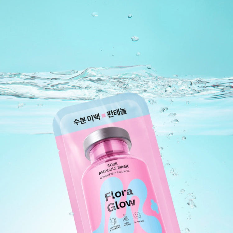 MAMONDE Flora Glow Rose Ampoule Mask Pack with hydrating features against a blue watery background.