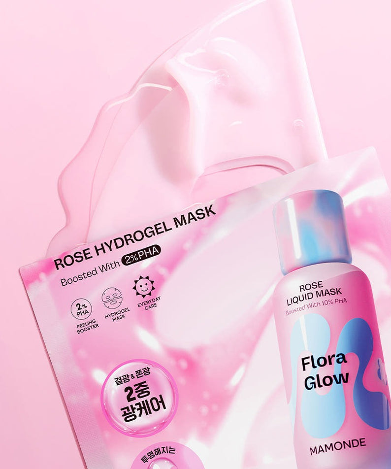 MAMONDE Flora Glow Rose Hydrogel Mask 1 sheet featuring rose liquid mask packet with vibrant pink design on pink background.