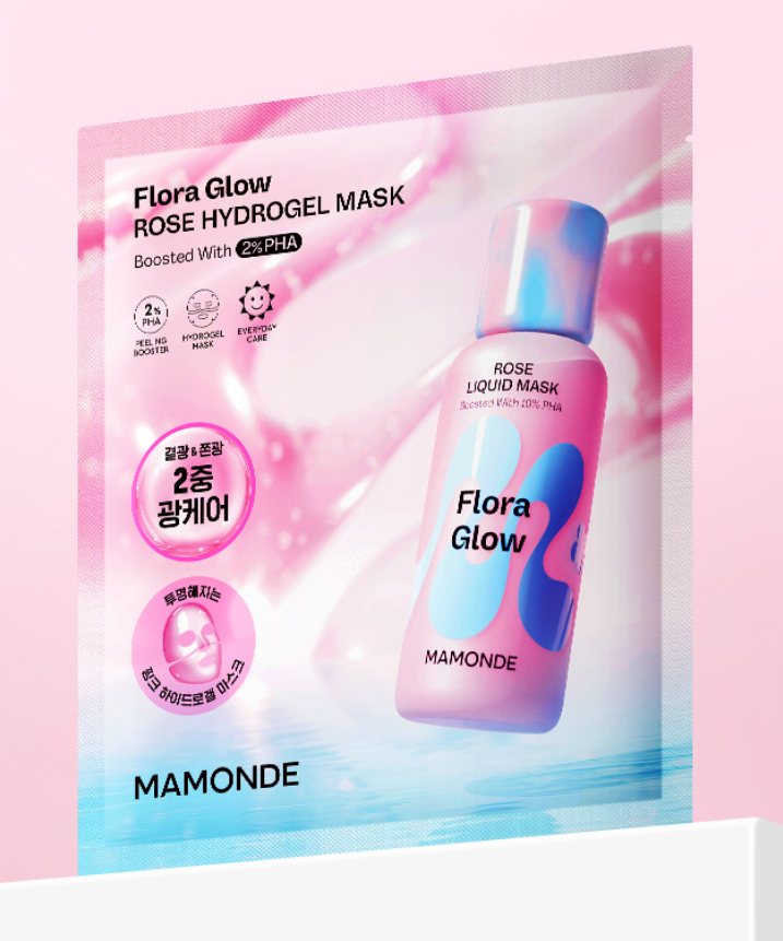 MAMONDE Flora Glow Rose Hydrogel Mask 1 sheet packaging with vibrant design and product details displayed on the front.