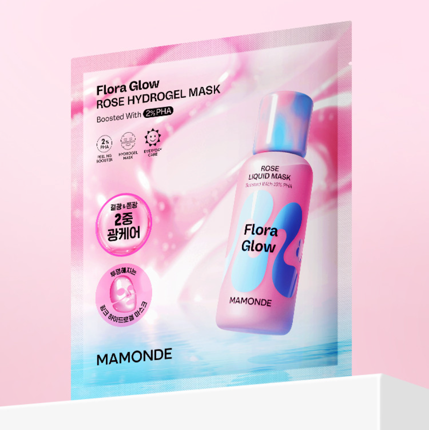 MAMONDE Flora Glow Rose Hydrogel Mask 1 sheet packaging with vibrant design and product details displayed on the front.