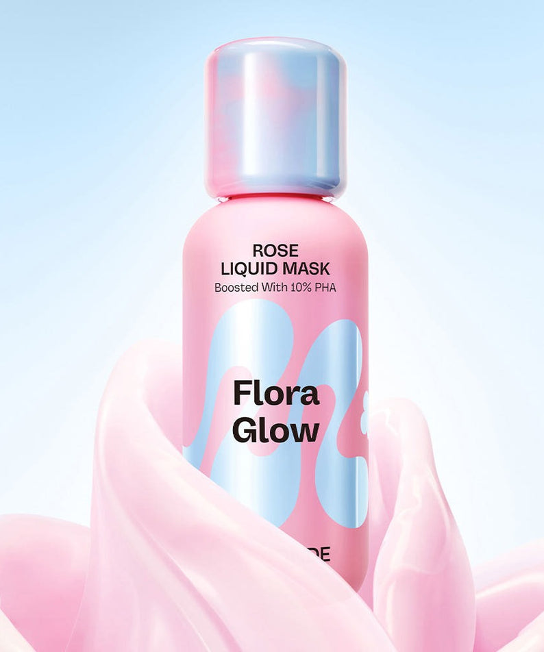 MAMONDE Flora Glow Rose Hydrogel Mask 1 sheet, a pink bottle with rose liquid mask, boosted with 10% PHA, against a light background.