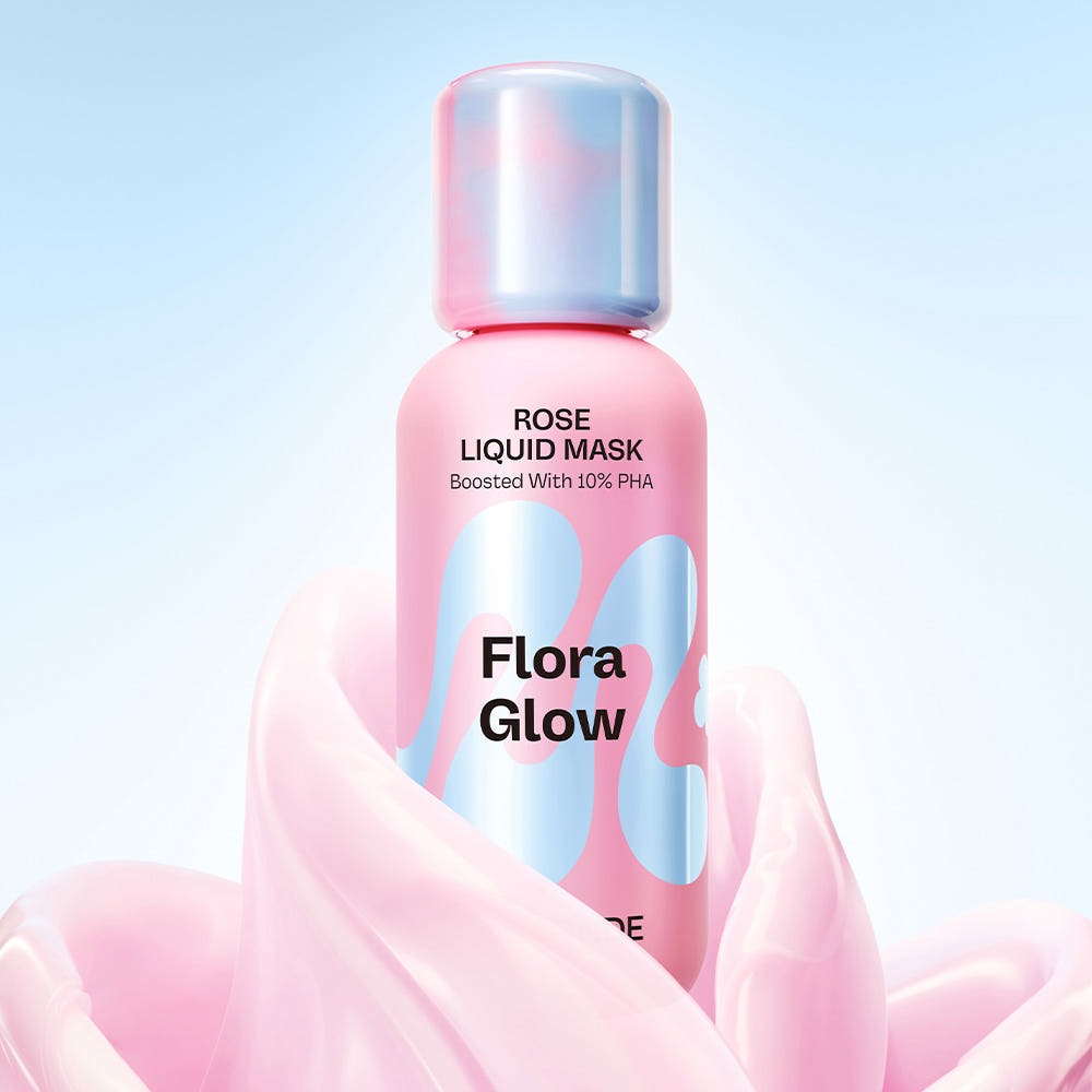 MAMONDE Flora Glow Rose Hydrogel Mask 1 sheet, a pink bottle with rose liquid mask, boosted with 10% PHA, against a light background.