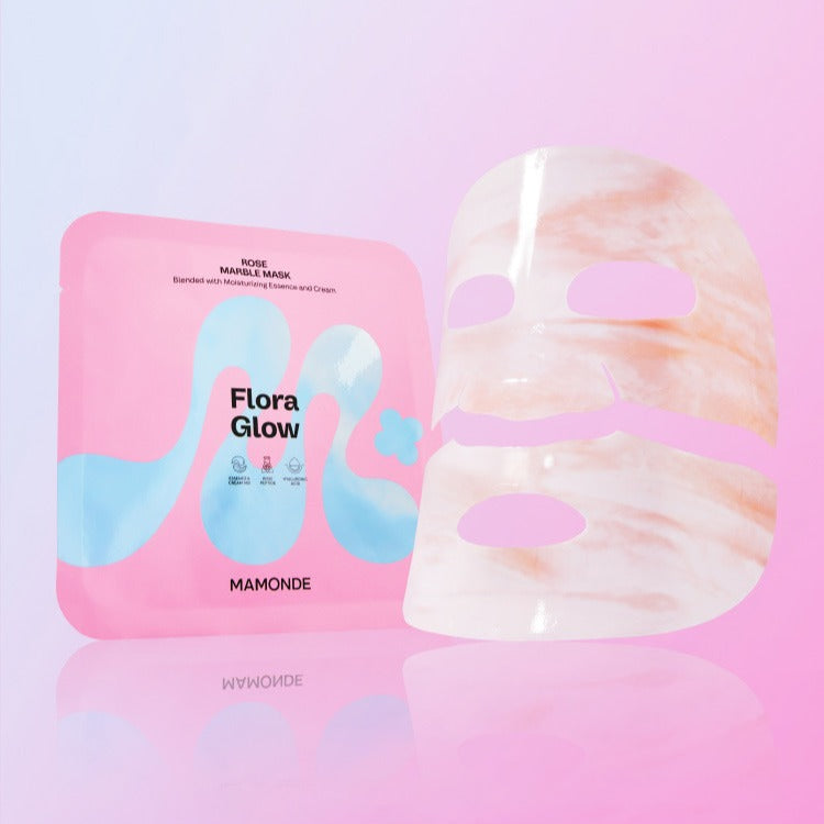 MAMONDE Flora Glow Rose Marble Pack with packaging and sheet mask against pink background