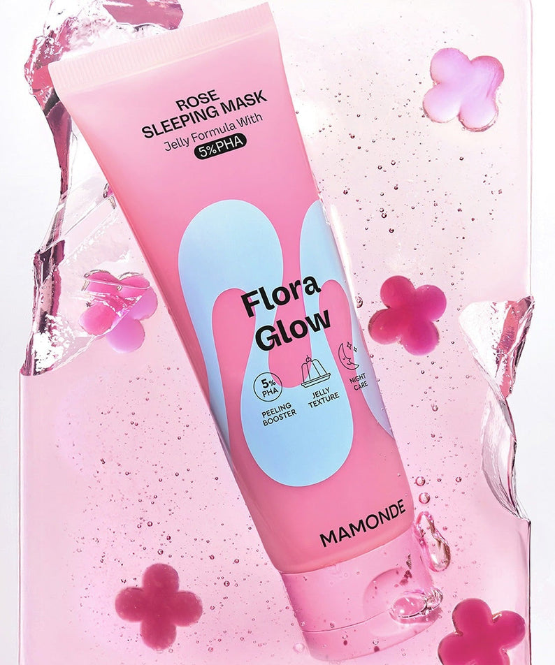 MAMONDE Flora Glow Rose Sleeping Mask 80ml in pink floral packaging, featuring a hydrating rose-infused formula for radiant skin.