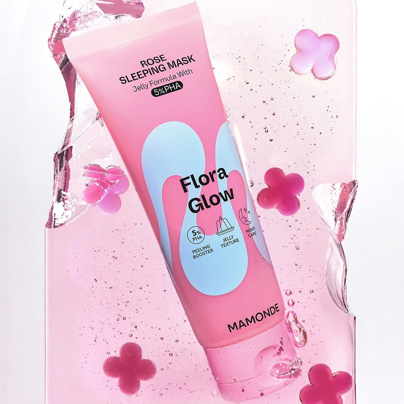 MAMONDE Flora Glow Rose Sleeping Mask 80ml in pink floral packaging, featuring a hydrating rose-infused formula for radiant skin.