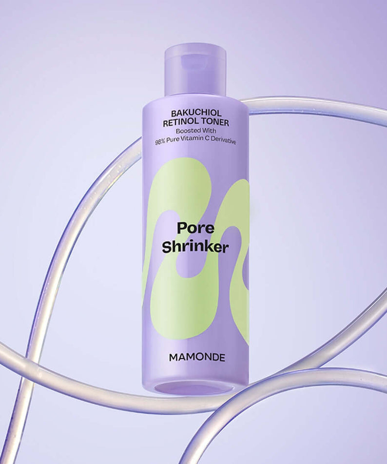 MAMONDE Pore Shrinker Bakuchiol Retinol Toner 200ml bottle on a purple background