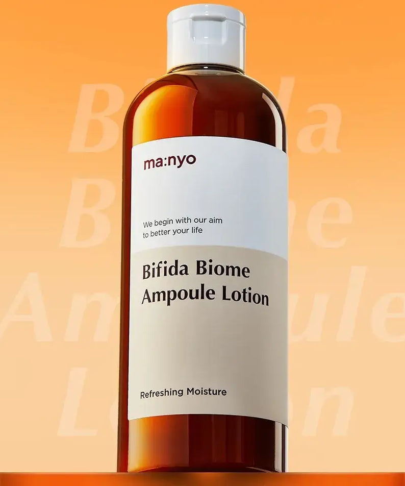 MANYO Bifida Biome Ampoule Lotion 300ml bottle on an orange background.