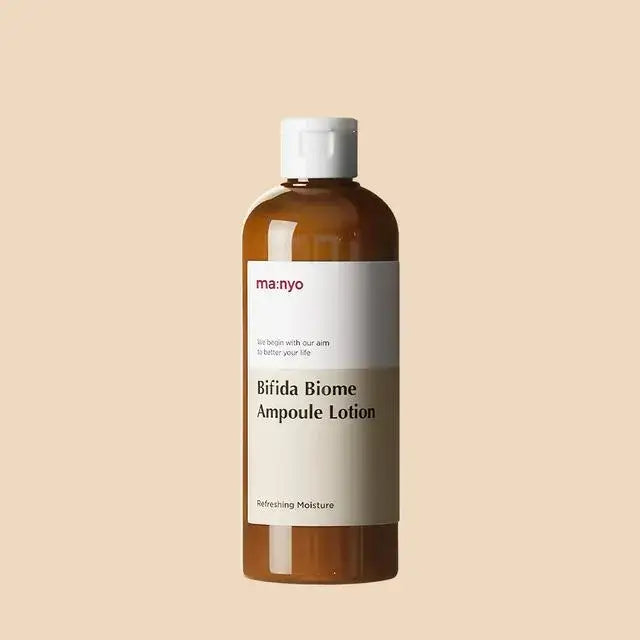 MANYO Bifida Biome Ampoule Lotion 300ml bottle on beige background for skincare hydration and refreshment.