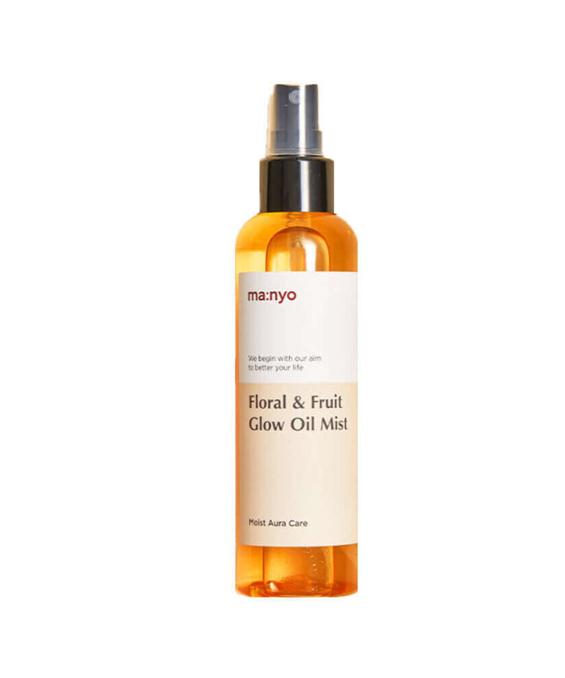 MANYO Floral & Fruit Glow Oil Mist 150ml in orange bottle with spray nozzle, enhancing skin radiance with natural floral and fruit extracts.