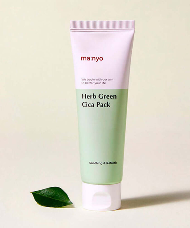 MANYO Herb Cica Pack 75ml soothing green facial mask tube with natural leaf backdrop for skin calm and refresh
