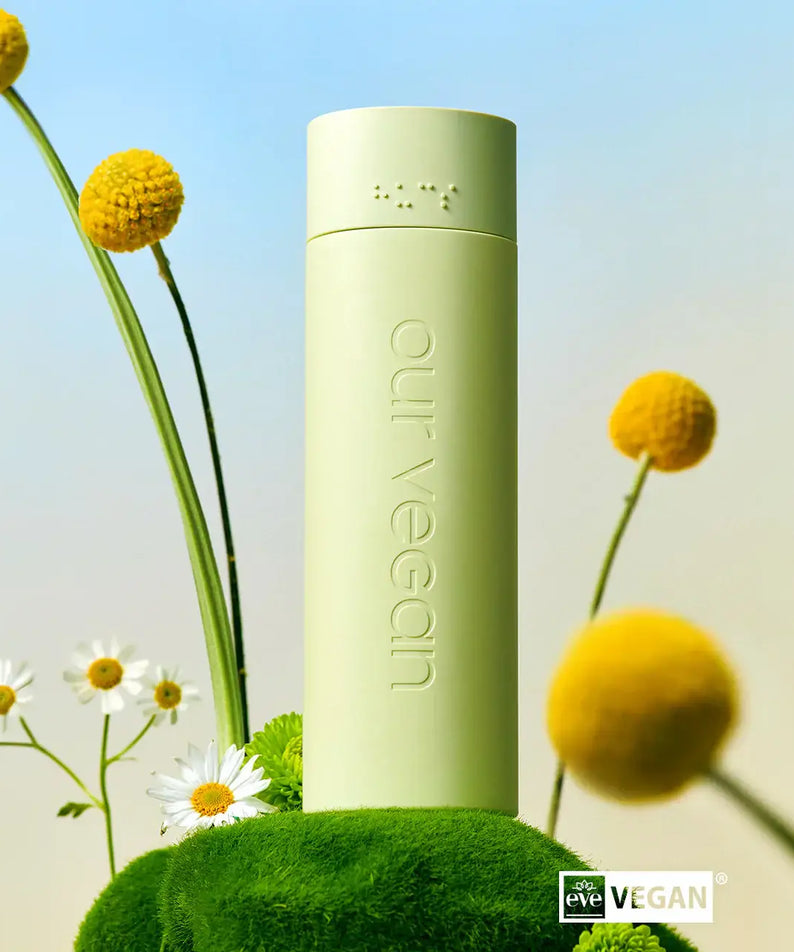 MANYO Our Vegan Heartleaf Moisture Soothing Toner 315ml bottle with chamomile and yellow flowers under blue sky