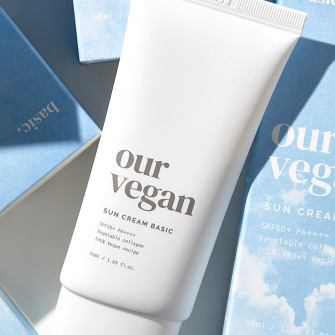 MA:NYO Our Vegan Sun Cream Basic 50ml in white tube with packaging background, SPF50 PA++++, eco-friendly skincare product.