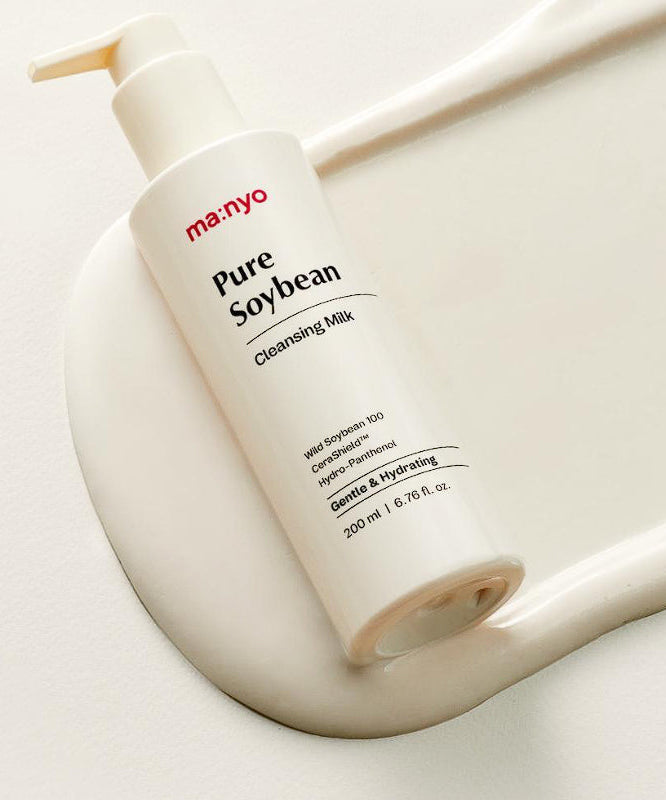 MANYO Pure Soybean Cleansing Milk 200ml bottle on creamy background