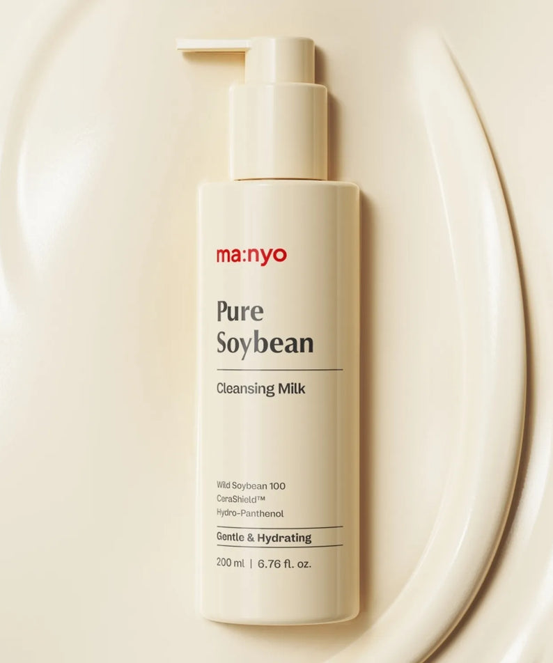 MANYO Pure Soybean Cleansing Milk 200ml bottle displayed on a sleek surface for gentle and hydrating skincare.