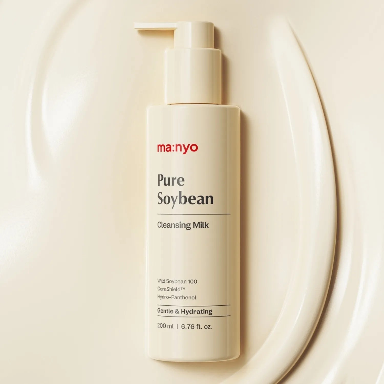 MANYO Pure Soybean Cleansing Milk 200ml bottle displayed on a sleek surface for gentle and hydrating skincare.