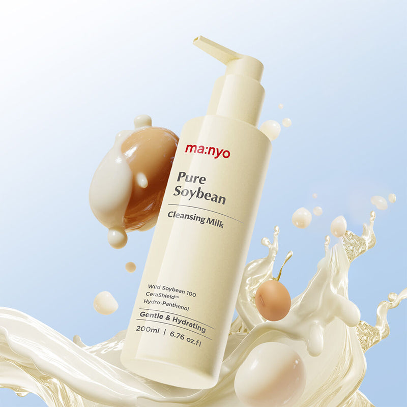MANYO Pure Soybean Cleansing Milk 200ml bottle with soybean and cream splashes