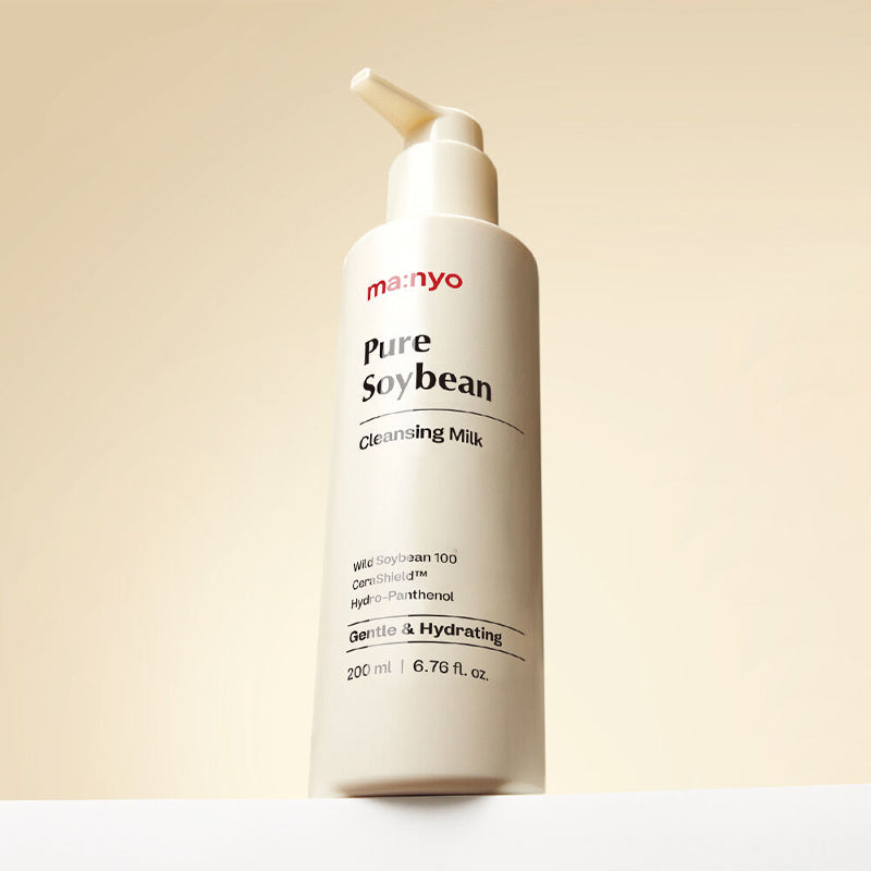 MANYO Pure Soybean Cleansing Milk 200ml bottle on display with beige background, featuring gentle and hydrating skincare benefits.