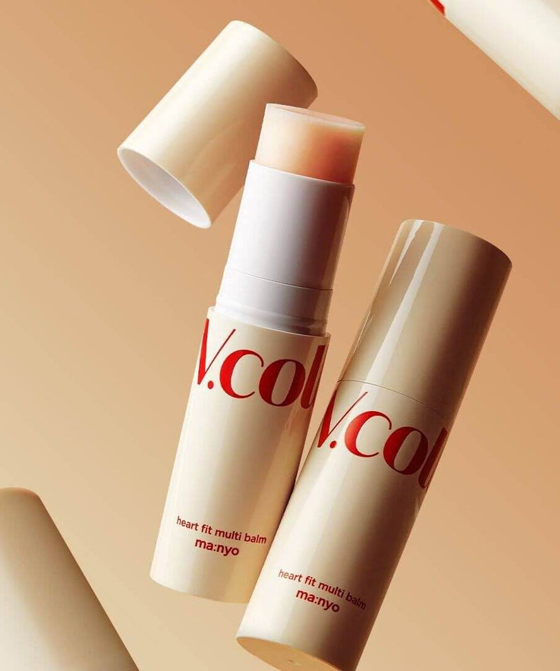 MA:NYO V Collagen Heart Fit Multi Balm 10g displayed with its cap open against a gradient background.
