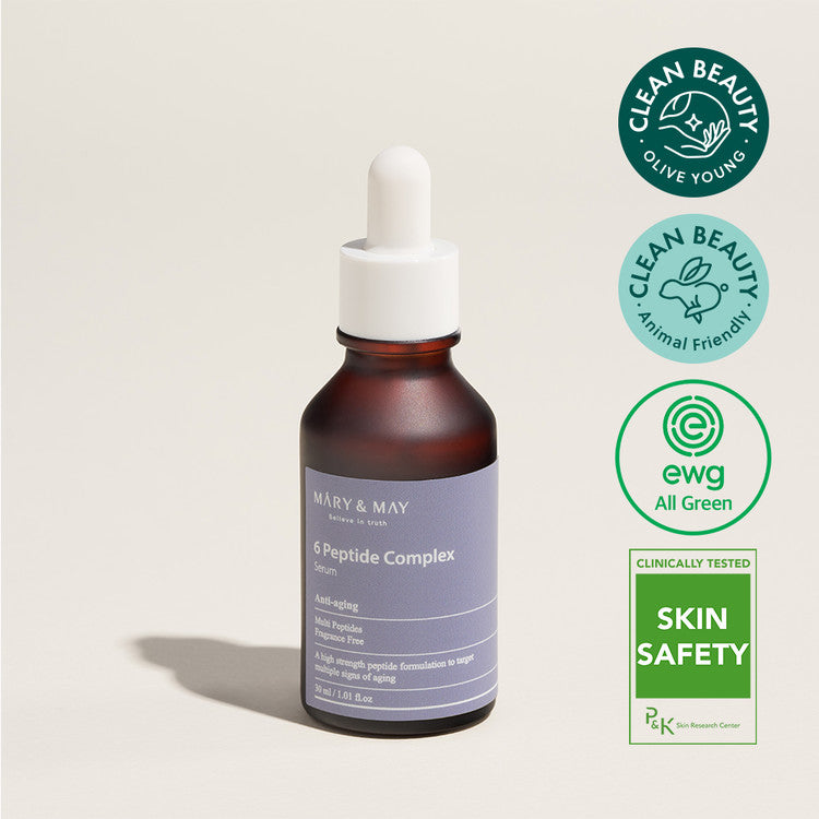 MARY & MAY 6 Peptide Complex Serum 30ml with clean beauty and skin safety certifications
