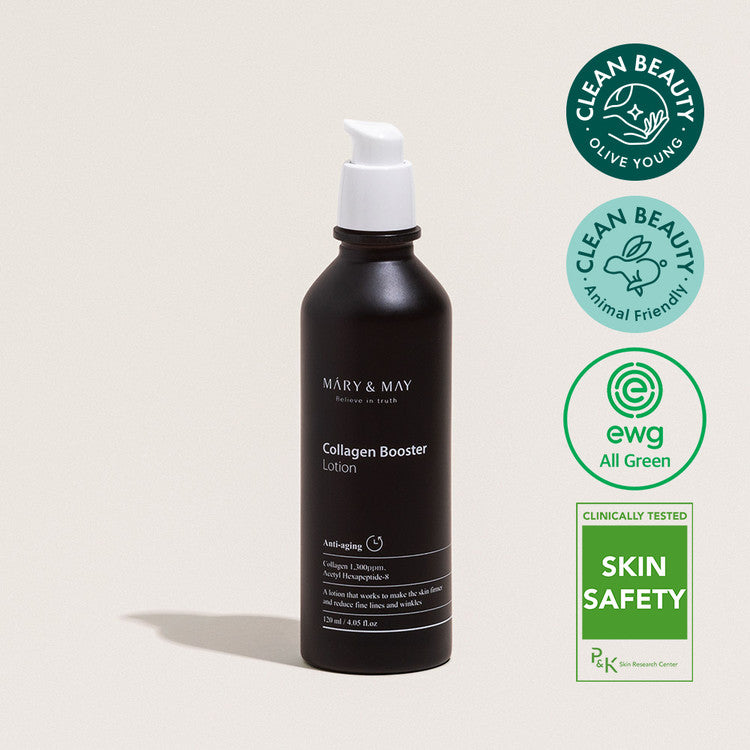 MARY & MAY Collagen Booster Lotion 120ml bottle with eco-friendly certifications and skin safety labels on a light background.