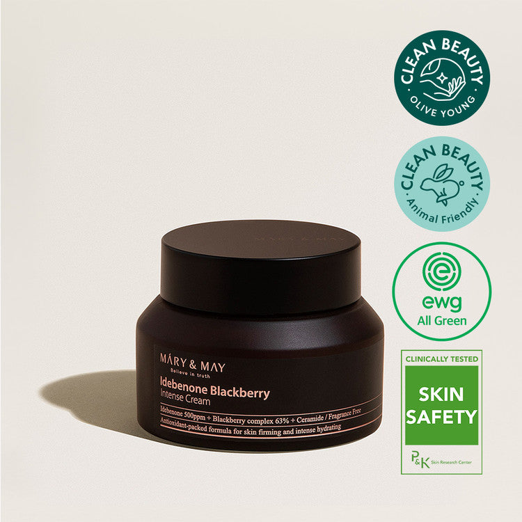 MARY & MAY Idebenone Blackberry Intense Cream 70g jar with clean beauty and skin safety labels