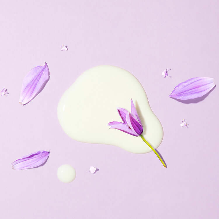 MARY & MAY Retinol 0.1% Bakuchiol Cica Serum 80ml with delicate purple flower on lilac background