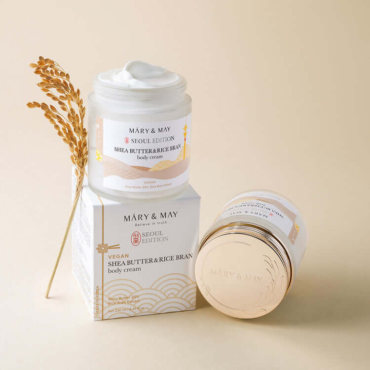 MARY & MAY Shea Butter & Rice Bran body Cream jar and box with rice bran decor