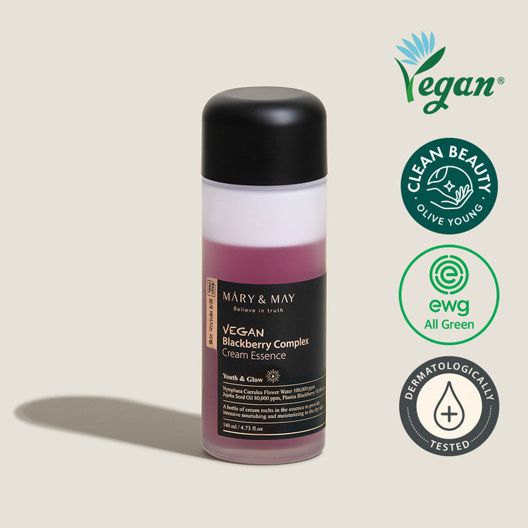 MARY & MAY Vegan Blackberry Complex Cream Essence 40ml bottle with vegan and dermatologically tested labels